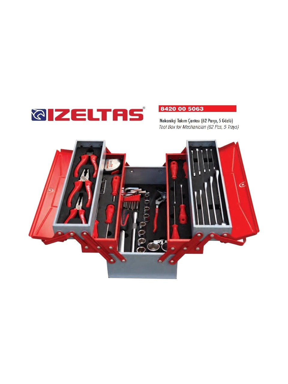 5 Göz Büyük Boy 62 Parça Tam Dolu Mekanikçi Takım Çantası